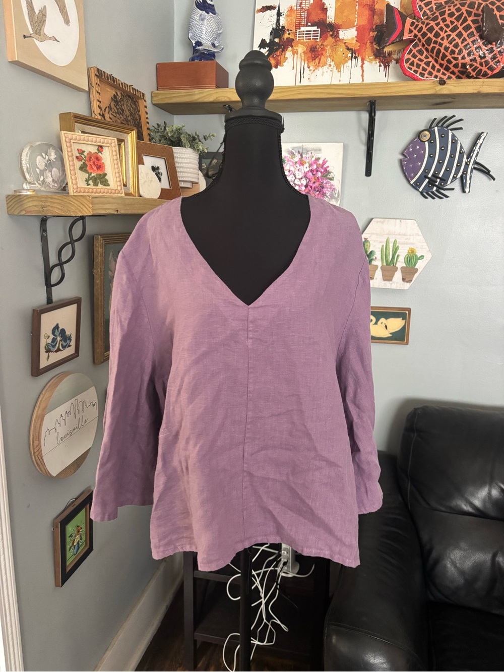 Bryn Walker 100% linen boxy v-neck top Lagenlook USA purple size M